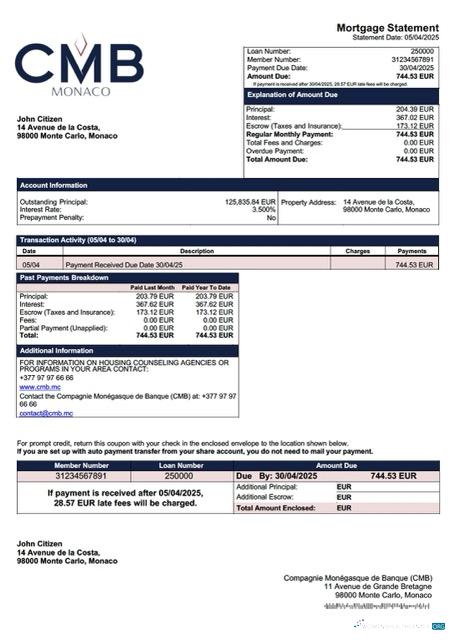 Monaco Compagnie Monégasque de Banque (CMB) mortgage statement Word and PDF template